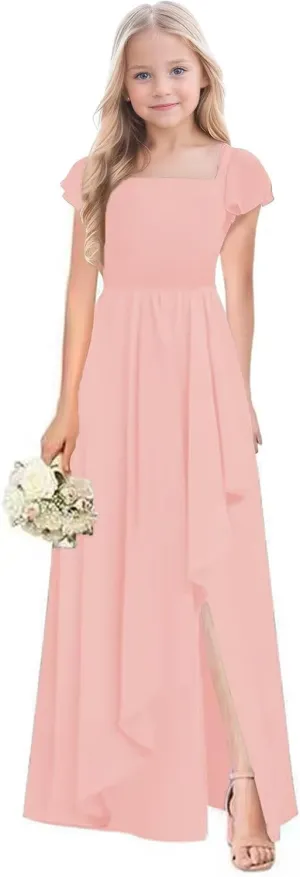 Junior Bridesmaid Dresses for Girls Chiffon Short Sleeve Flower Girl Dress for Wedding Party Pageant Gown
