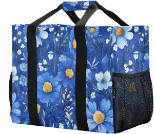 JUNZAN Floral Royal Blue Utility Tote Bags For Women Foldable Beach Totes Bags Waterproof Reusable Shopping Bags with Handles Car Tote Bag