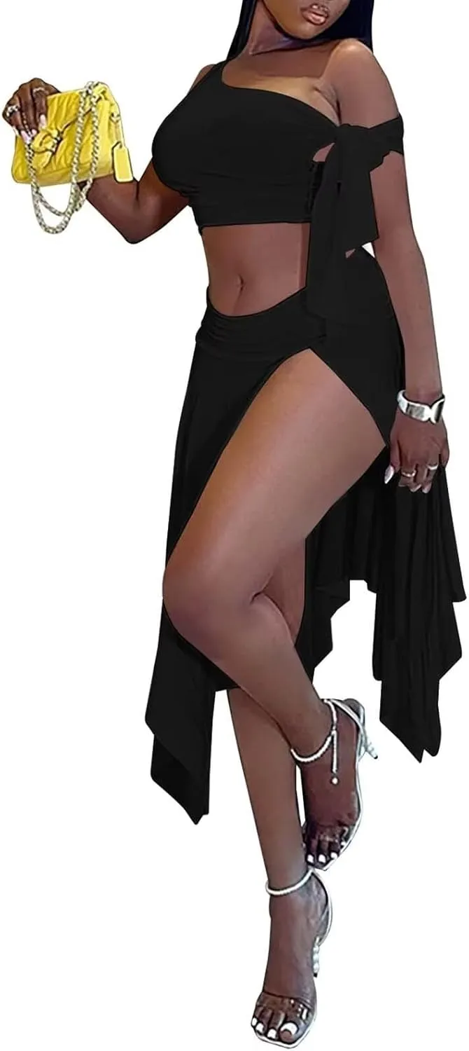 Kafiloe Women 2 Piece Skirt Sets Sexy One Off Shoulder Crop Top Ruched Waist High Split Maxi Dress Birthday Outfits