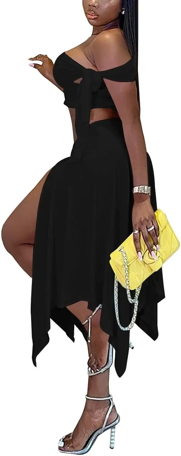 Kafiloe Women 2 Piece Skirt Sets Sexy One Off Shoulder Crop Top Ruched Waist High Split Maxi Dress Birthday Outfits