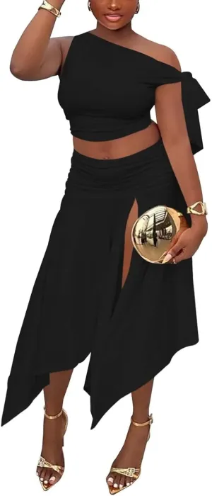 Kafiloe Women 2 Piece Skirt Sets Sexy One Off Shoulder Crop Top Ruched Waist High Split Maxi Dress Birthday Outfits