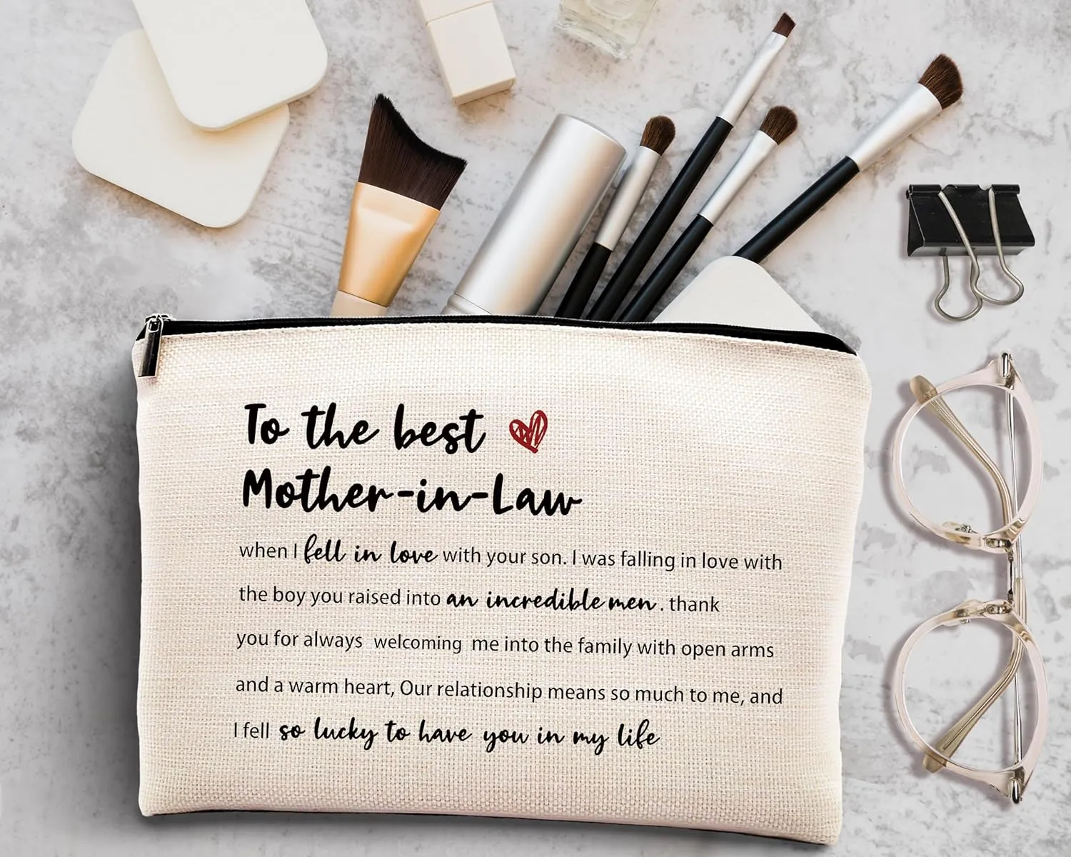 kdqua Mother In Law Gifts Makeup Bag, Thank You Birthday Gifts Mother of The Groom gifts for Mother-In-Law Best Mom from Bride Daughter in Law Son in Law Linen Cosmetic Bag Travel Toiletry Bag