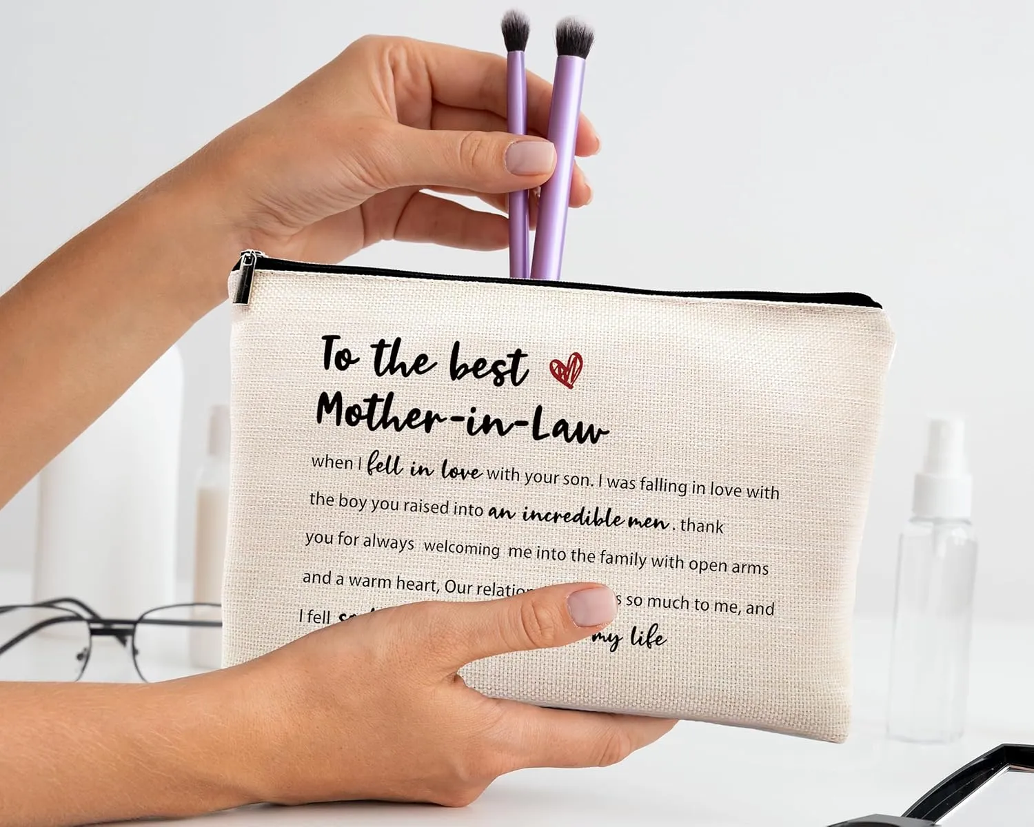 kdqua Mother In Law Gifts Makeup Bag, Thank You Birthday Gifts Mother of The Groom gifts for Mother-In-Law Best Mom from Bride Daughter in Law Son in Law Linen Cosmetic Bag Travel Toiletry Bag