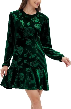 Kedera Women's Elegant Velvet Dress Crew Neck Tiered Ruffle Aline Flowy Wedding Floral Pattern Dresses
