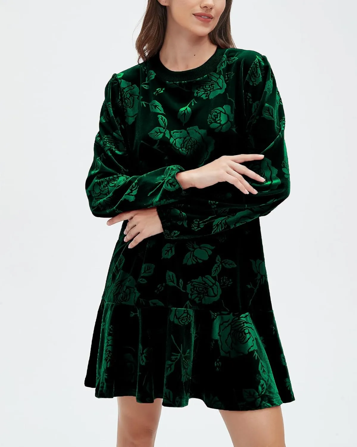 Kedera Women's Elegant Velvet Dress Crew Neck Tiered Ruffle Aline Flowy Wedding Floral Pattern Dresses