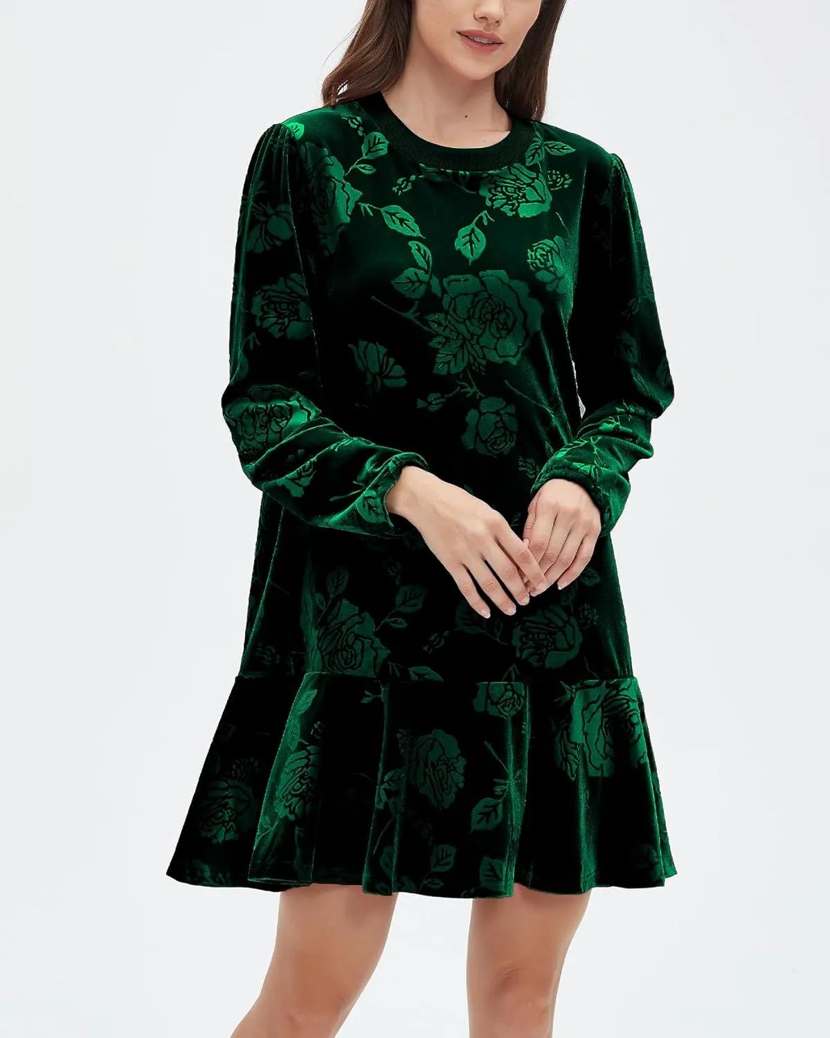 Kedera Women's Elegant Velvet Dress Crew Neck Tiered Ruffle Aline Flowy Wedding Floral Pattern Dresses