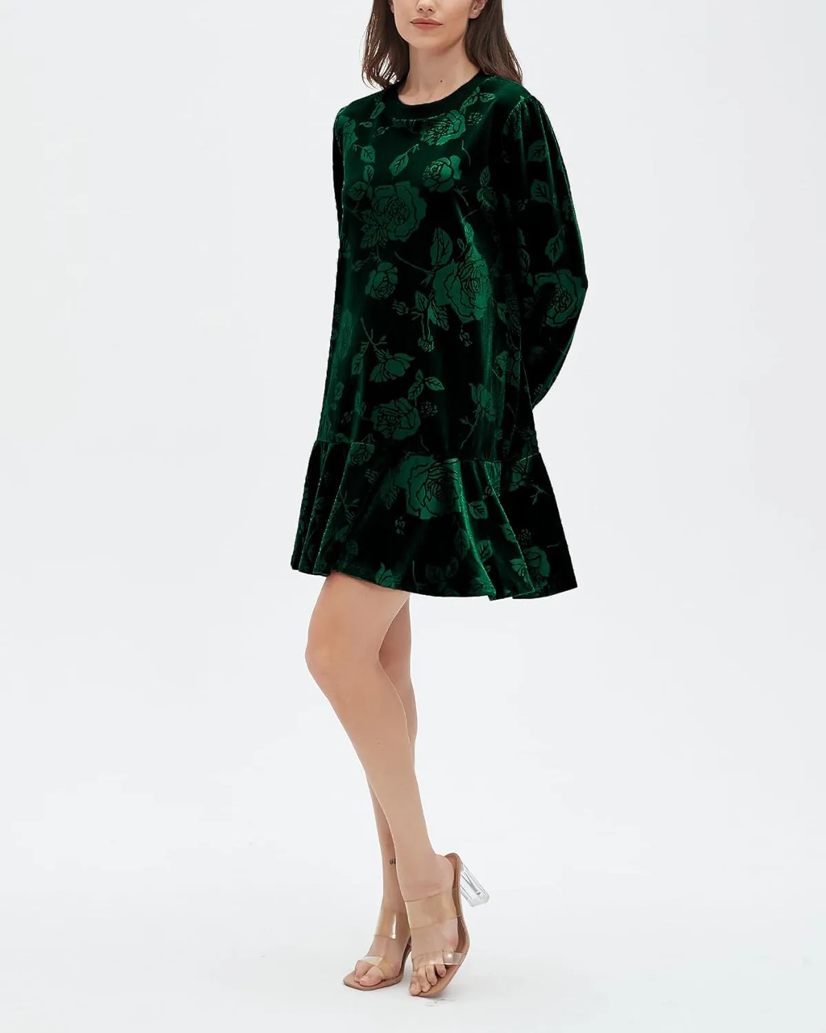Kedera Women's Elegant Velvet Dress Crew Neck Tiered Ruffle Aline Flowy Wedding Floral Pattern Dresses
