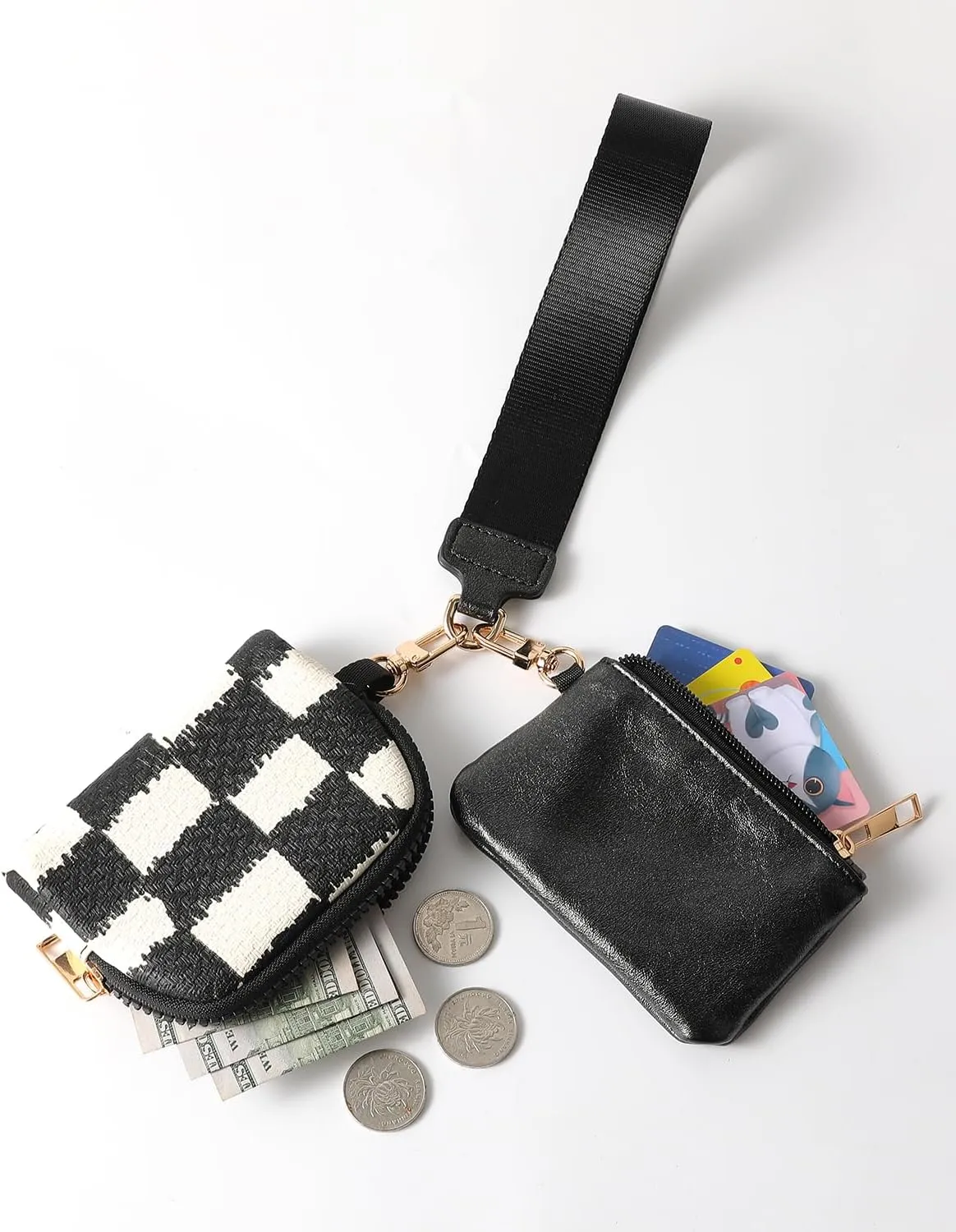 Keychain Wallet for Women Wristlet Wallets Leather Coin Purse Dual Pouch Zipper Pocket with Wristlet Strap (D)