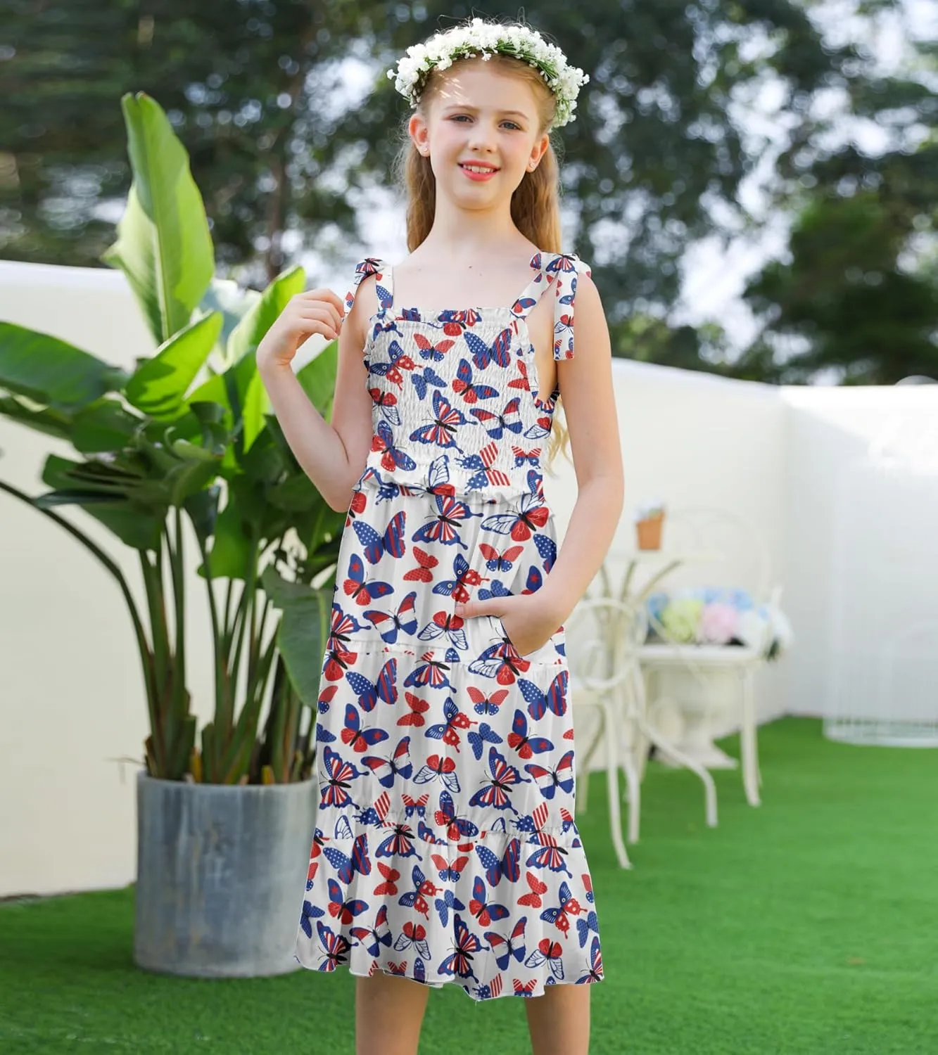 Kids4ever Girls Spaghetti Strap Dress 6-12Y Kids Sleeveless Cami Dresses Summer Beach Smocked Tiered Sundress with Pockets