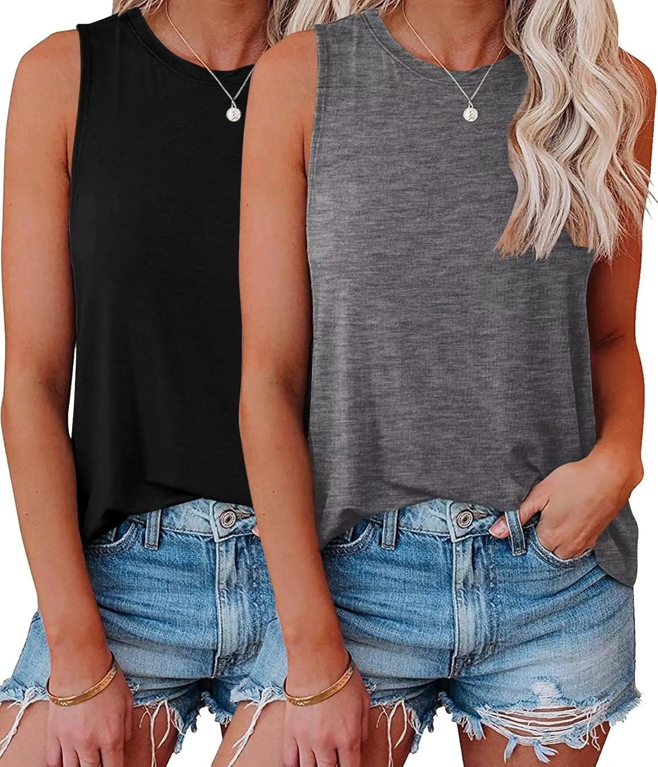 KKJ 2 Pack Womens Tank Tops 2025 Summer Beach Vacation Fashion Outfits Crew Neck Sleeveless Loose Fit Casual Shirts Clothes