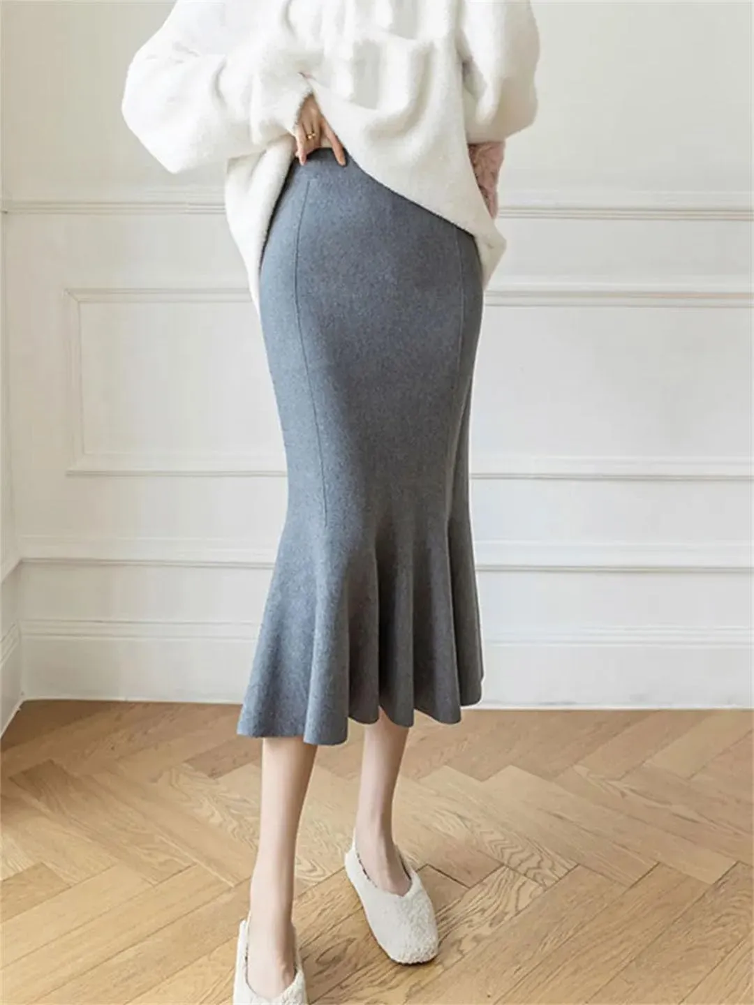 Knit Midi Long Mermaid Skirt Women Winter Warm Solid High Waist Pencil Skirt