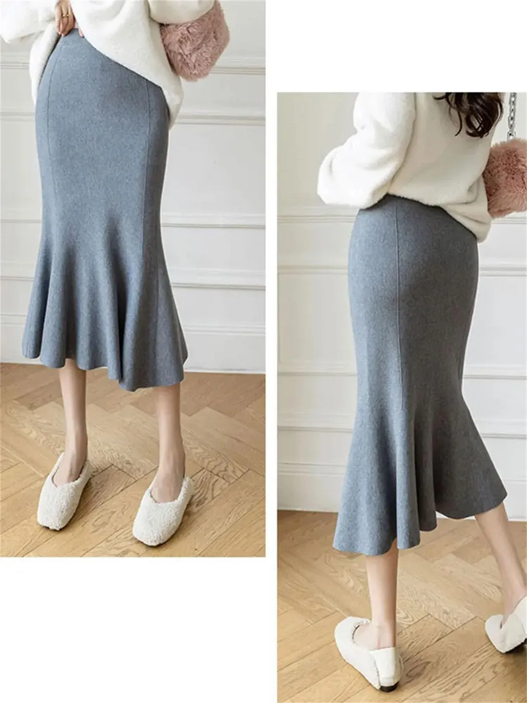 Knit Midi Long Mermaid Skirt Women Winter Warm Solid High Waist Pencil Skirt