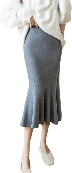 Knit Midi Long Mermaid Skirt Women Winter Warm Solid High Waist Pencil Skirt