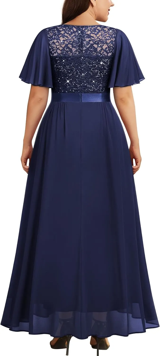 Knitee Women's Plus Size Sparkle Sequin Lace Chiffon Formal Flutter Sleeves Wedding Party Flowy Maxi Dresses
