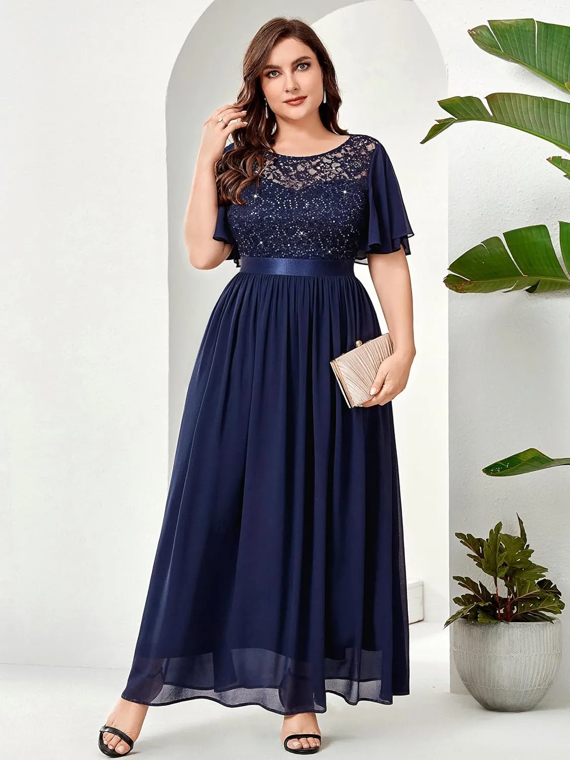 Knitee Women's Plus Size Sparkle Sequin Lace Chiffon Formal Flutter Sleeves Wedding Party Flowy Maxi Dresses