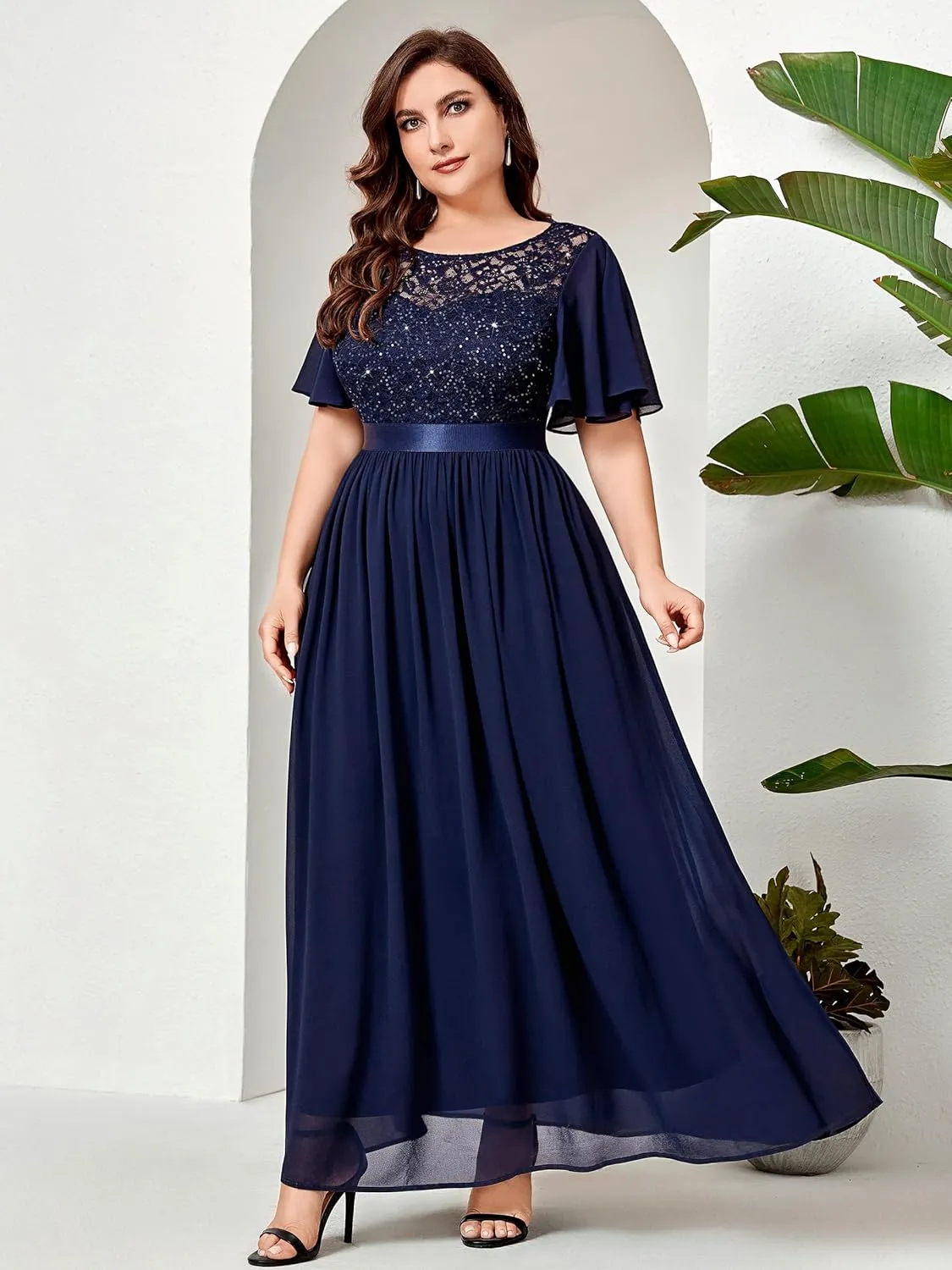 Knitee Women's Plus Size Sparkle Sequin Lace Chiffon Formal Flutter Sleeves Wedding Party Flowy Maxi Dresses