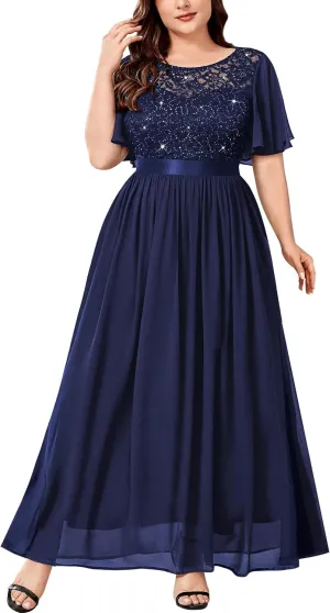 Knitee Women's Plus Size Sparkle Sequin Lace Chiffon Formal Flutter Sleeves Wedding Party Flowy Maxi Dresses