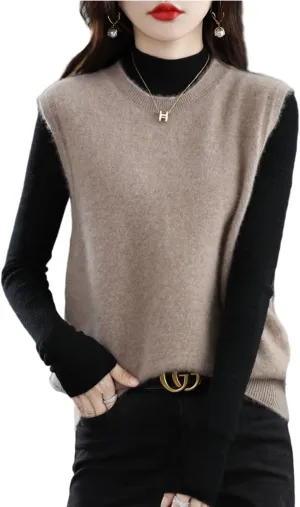 Knitted O-Neck Vest Women's Sweater 100% Merino Wool Sleeveless Pullover Basic Vest Short Tops