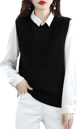 Knitted O-Neck Vest Women's Sweater 100% Merino Wool Sleeveless Pullover Basic Vest Short Tops