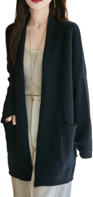 Knitted Sweater Cardigans Women's Open Front Coat 100% Merino Wool with Pockets Jacket Oversized