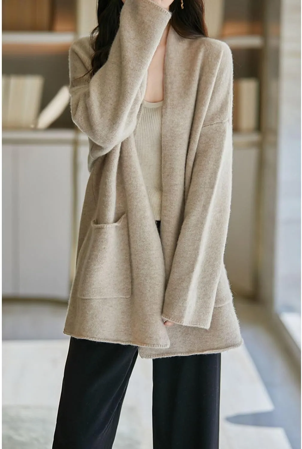 Knitted Sweater Cardigans Women's Open Front Coat 100% Merino Wool with Pockets Jacket Oversized