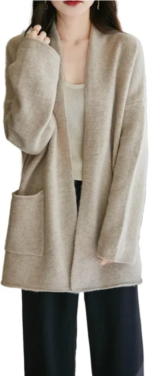 Knitted Sweater Cardigans Women's Open Front Coat 100% Merino Wool with Pockets Jacket Oversized