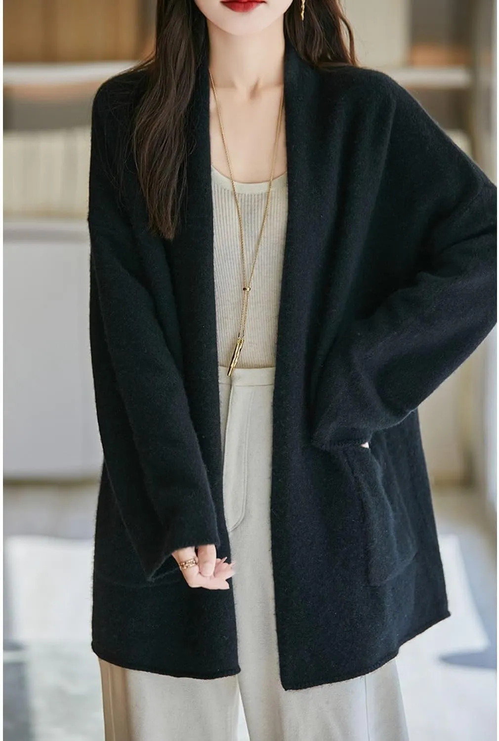 Knitted Sweater Cardigans Women's Open Front Coat 100% Merino Wool with Pockets Jacket Oversized