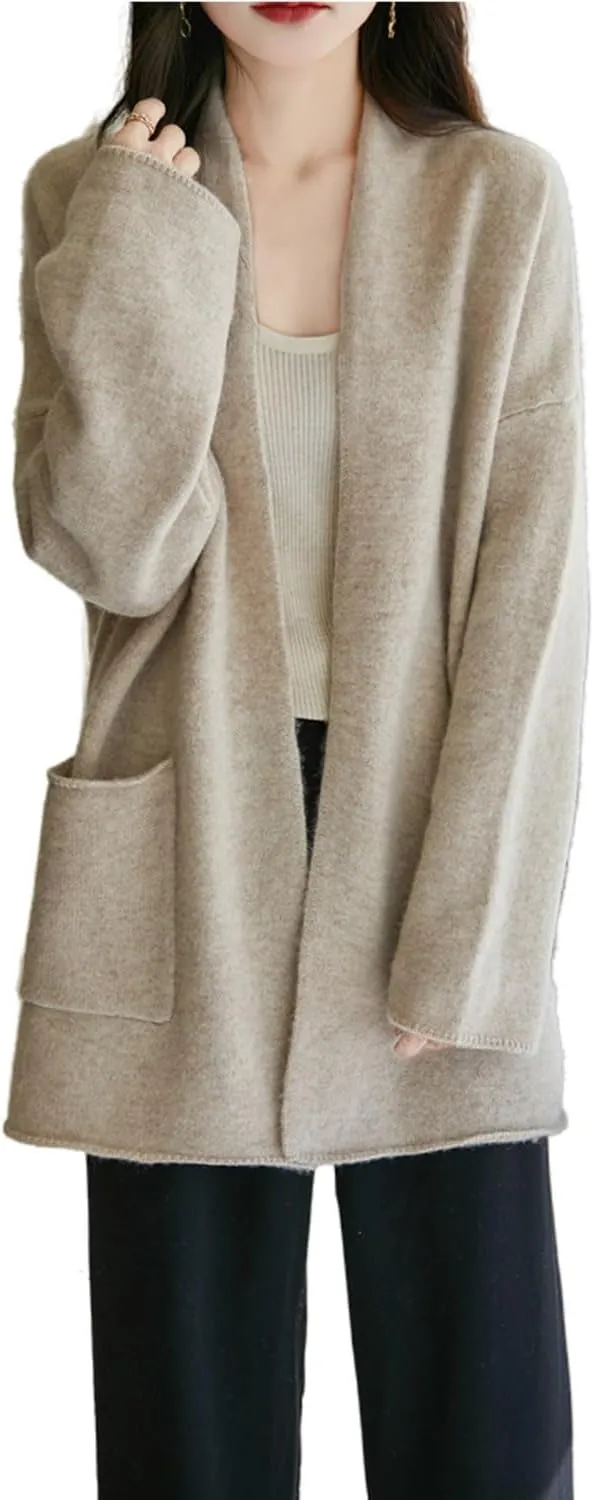 Knitted Sweater Cardigans Women's Open Front Coat 100% Merino Wool with Pockets Jacket Oversized
