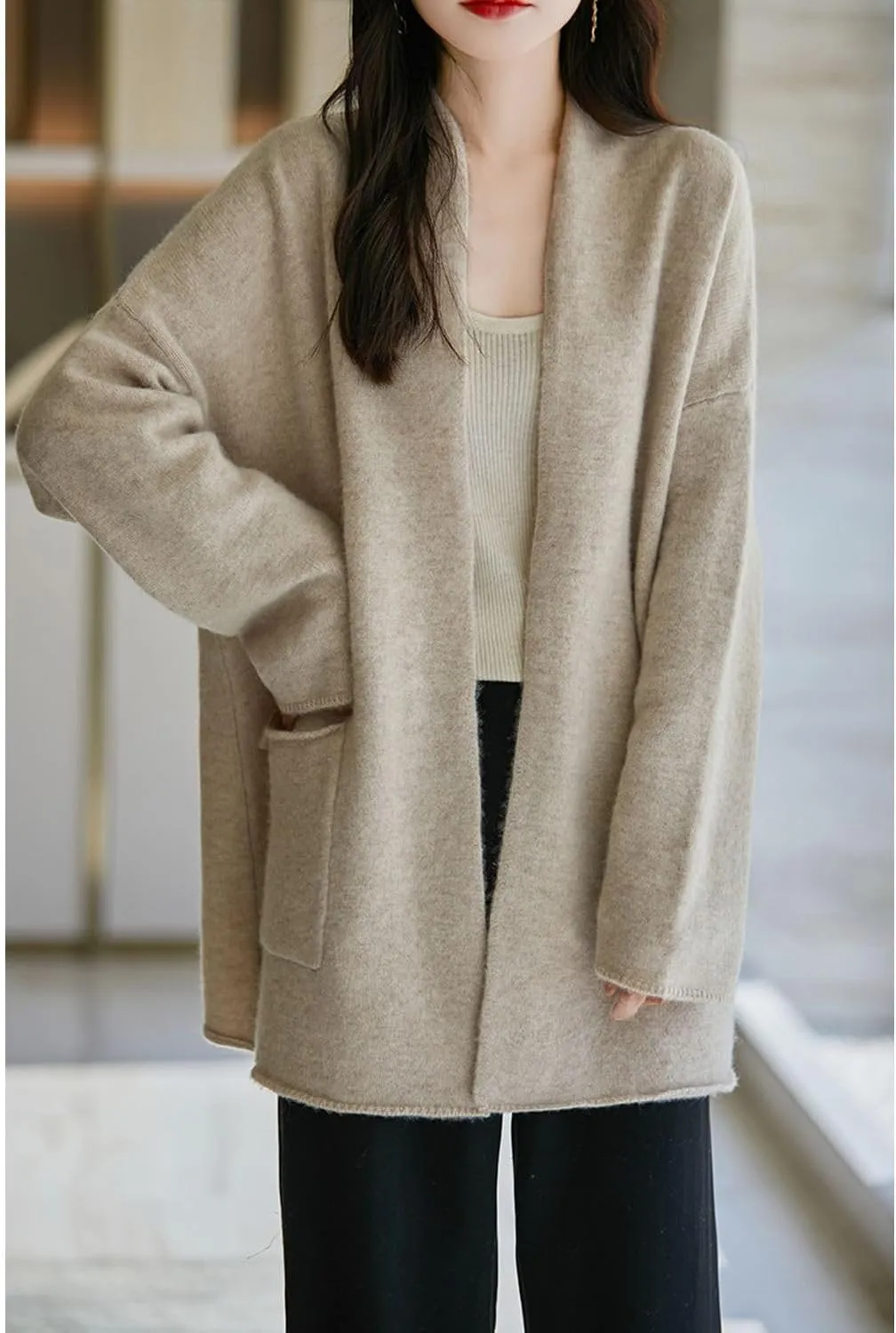 Knitted Sweater Cardigans Women's Open Front Coat 100% Merino Wool with Pockets Jacket Oversized