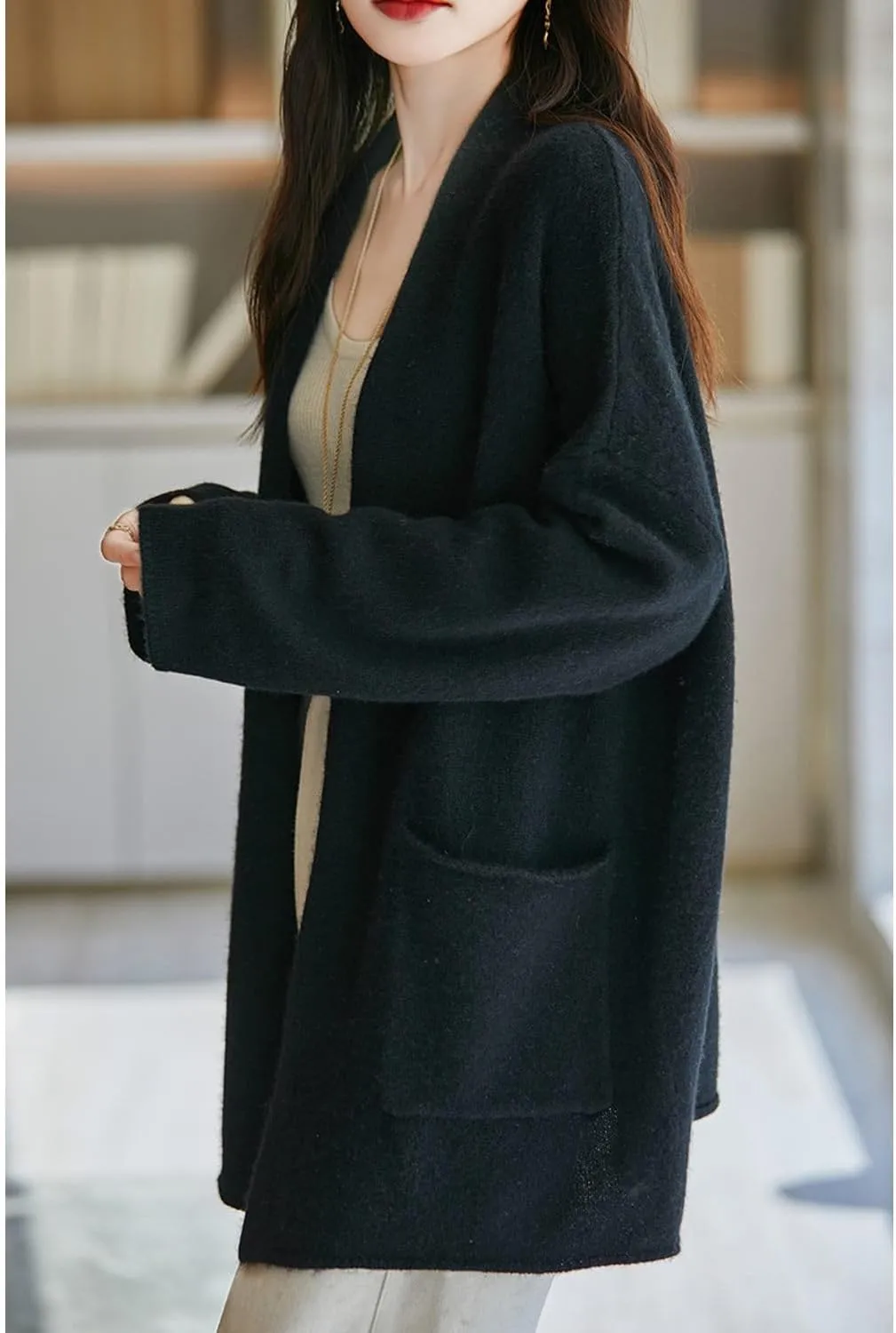 Knitted Sweater Cardigans Women's Open Front Coat 100% Merino Wool with Pockets Jacket Oversized