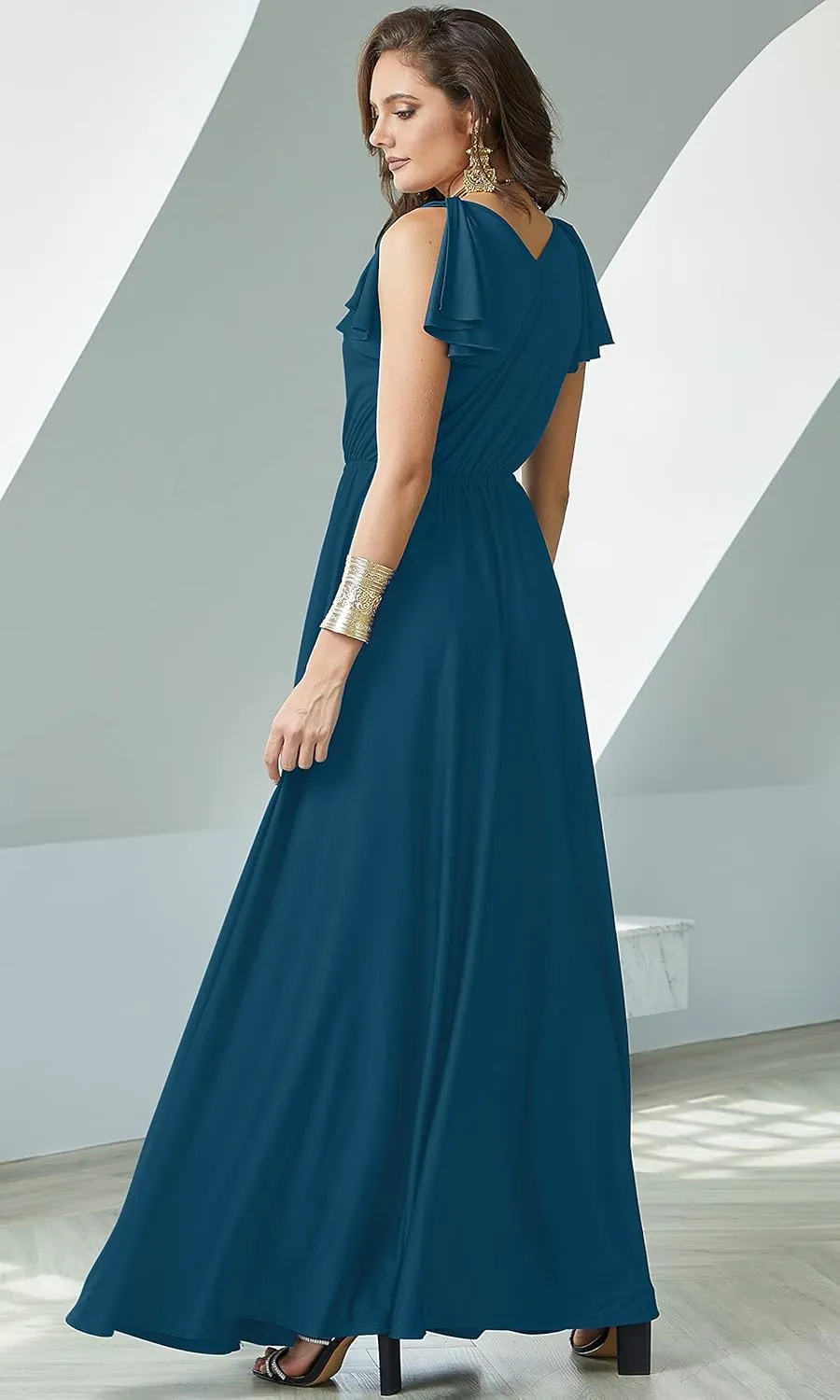 KOH KOH Womens Long V-Neck Ruffle Sleeveless Bridesmaid Prom Gown Maxi Dress