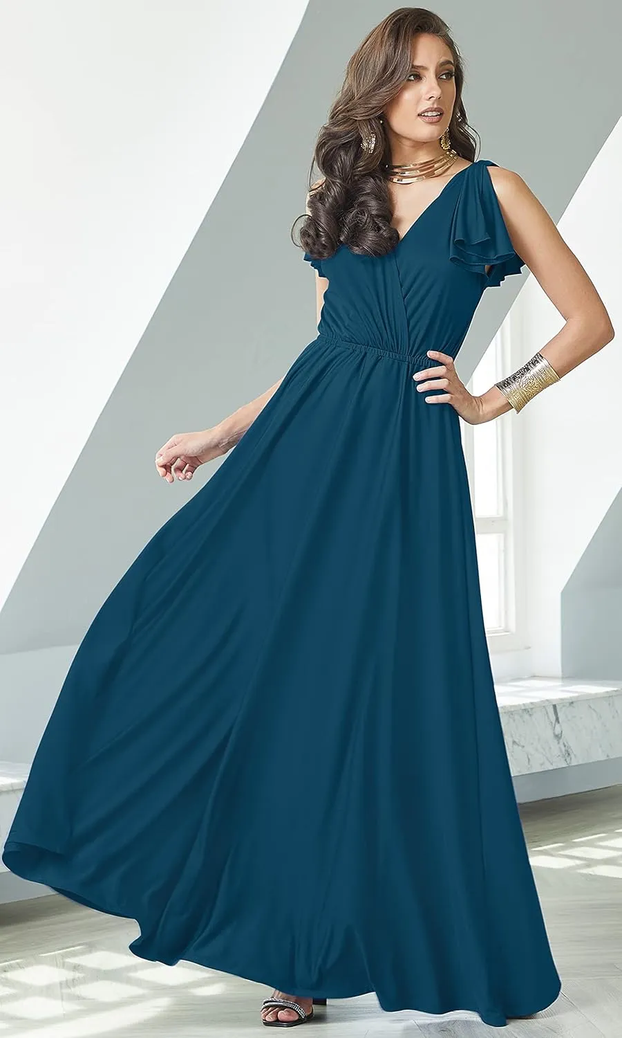 KOH KOH Womens Long V-Neck Ruffle Sleeveless Bridesmaid Prom Gown Maxi Dress