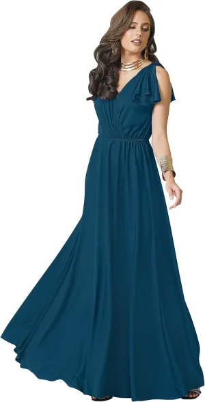 KOH KOH Womens Long V-Neck Ruffle Sleeveless Bridesmaid Prom Gown Maxi Dress