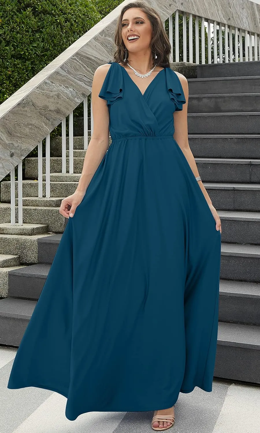 KOH KOH Womens Long V-Neck Ruffle Sleeveless Bridesmaid Prom Gown Maxi Dress