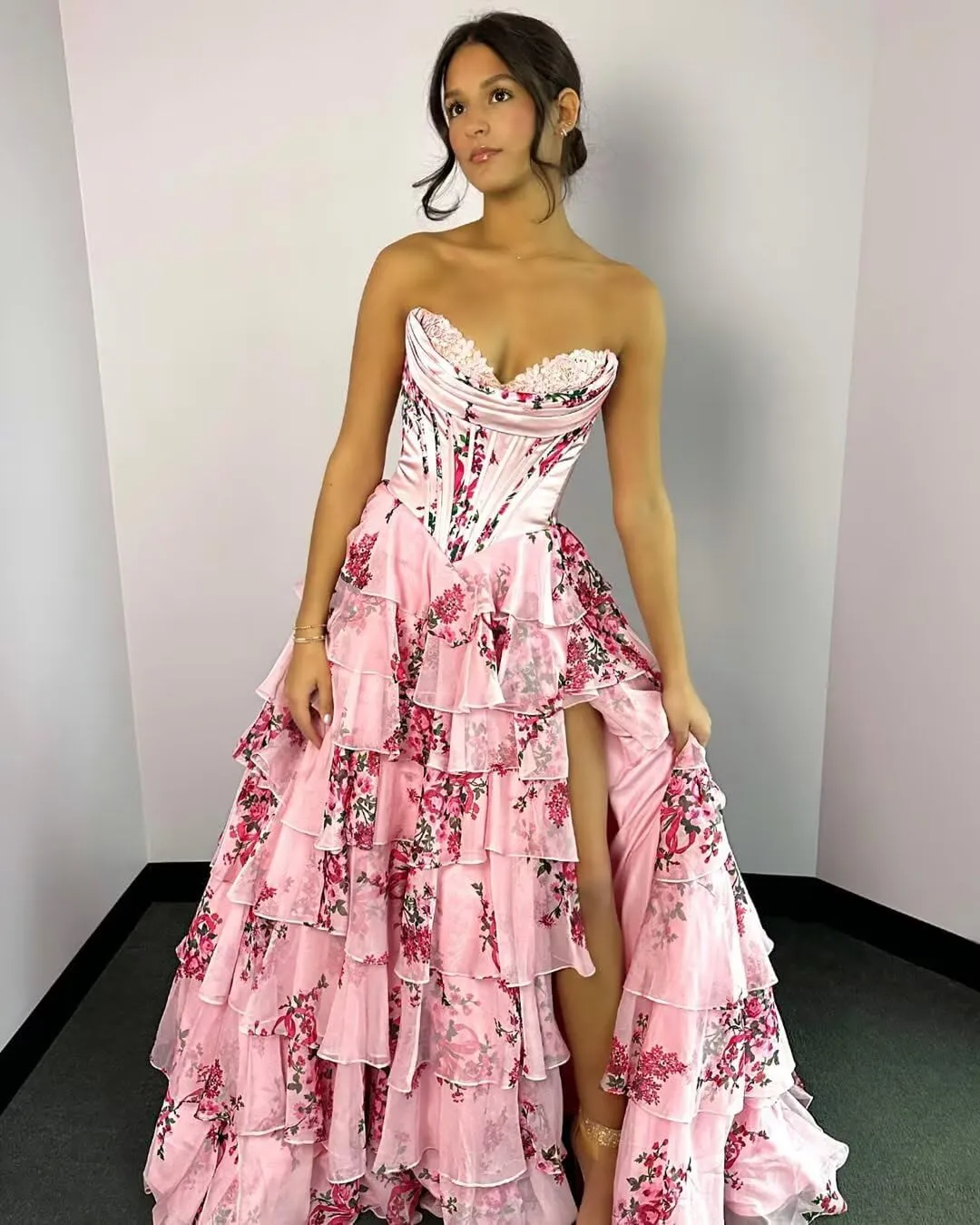 Lace Princess Tiered Prom Dress 2025 Long Ball Gown for Women Sweetheart Chiffon Formal Dresses with Slit