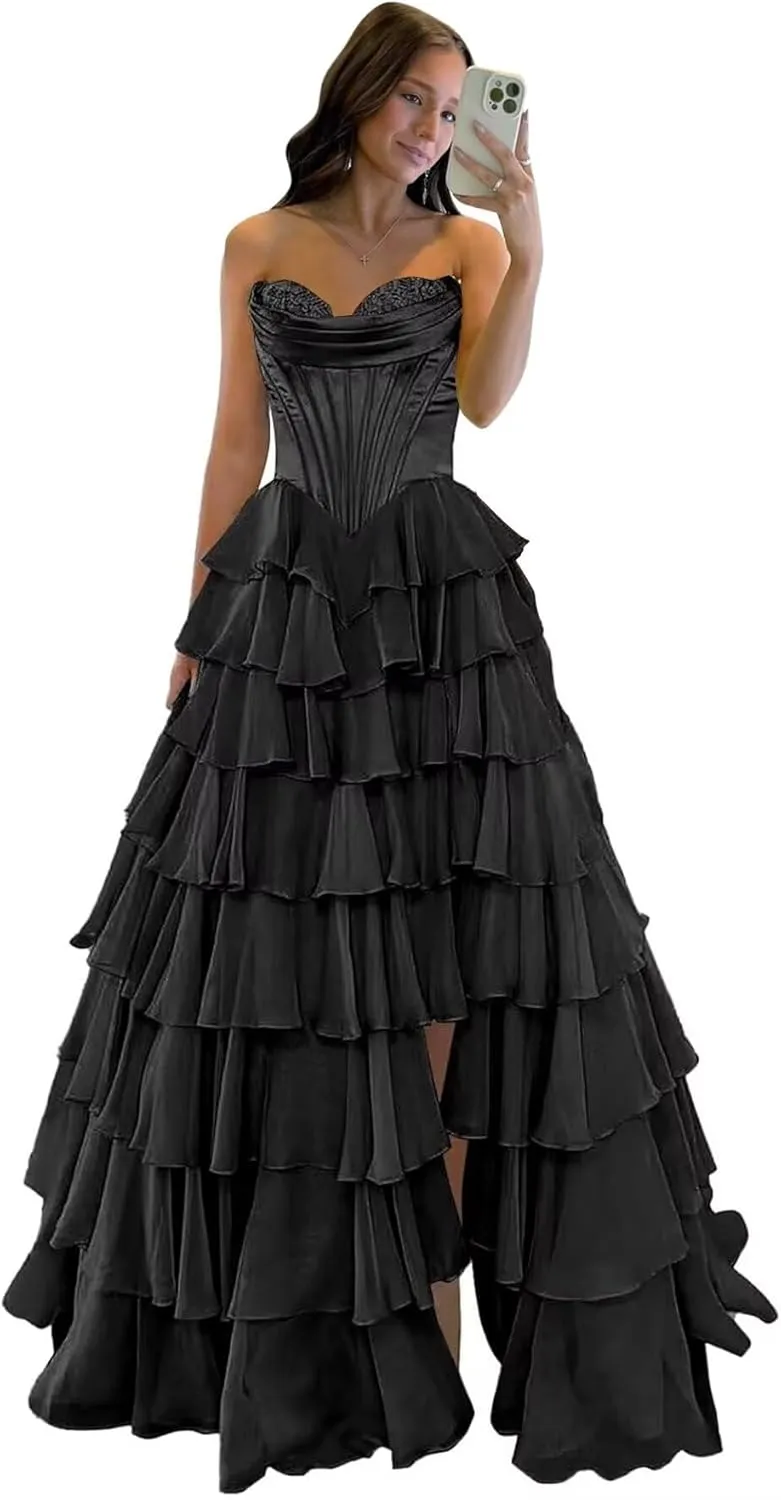 Lace Princess Tiered Prom Dress 2025 Long Ball Gown for Women Sweetheart Chiffon Formal Dresses with Slit