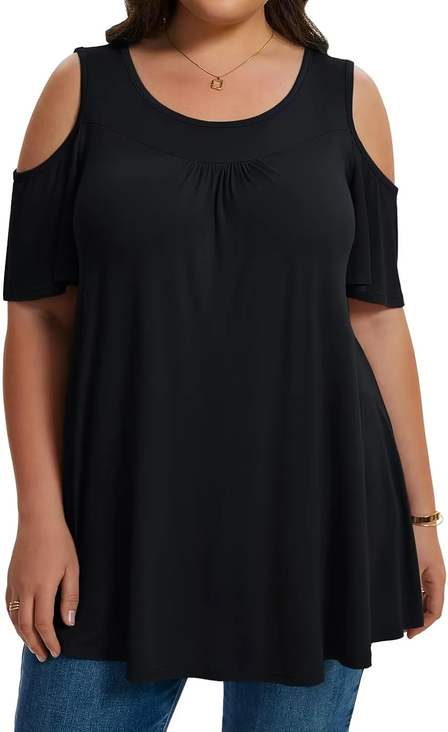LARACE Plus Size Cold Shoulder Tops for Women Short Sleeve Tunics Shirts Loose Summer Clothes Blouses to Wear with Leggings