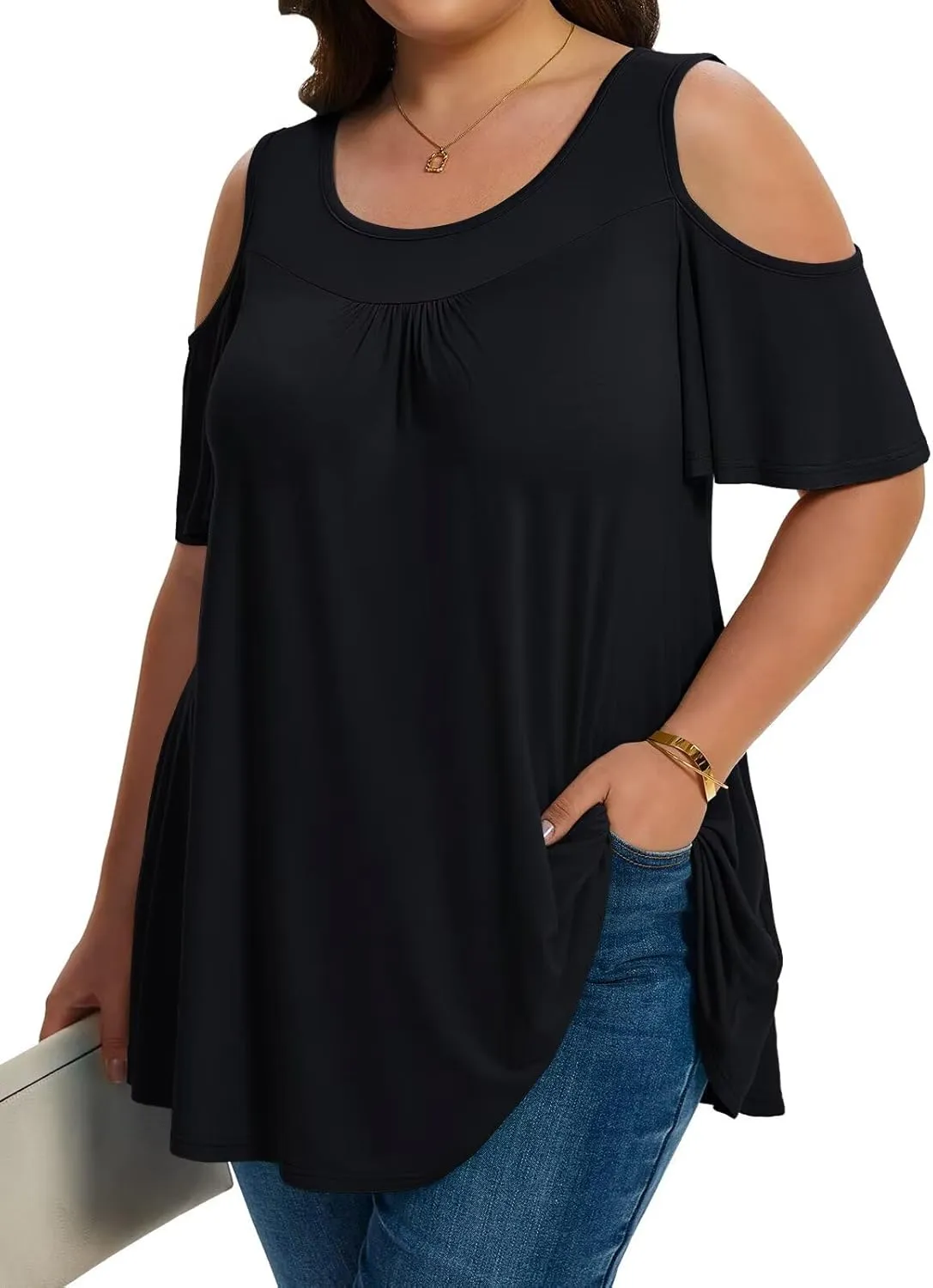 LARACE Plus Size Cold Shoulder Tops for Women Short Sleeve Tunics Shirts Loose Summer Clothes Blouses to Wear with Leggings