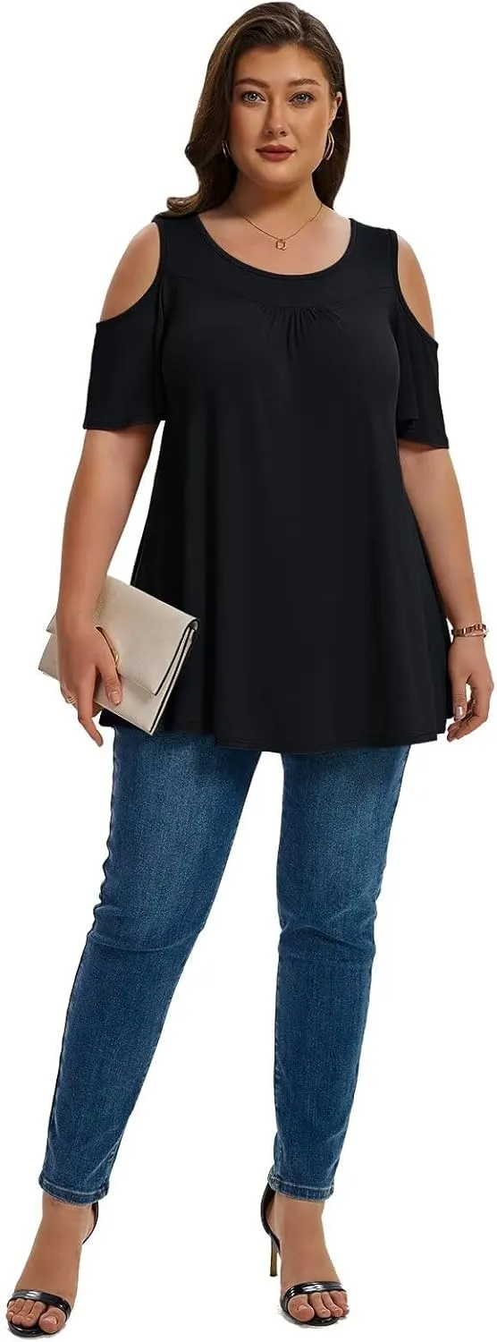 LARACE Plus Size Cold Shoulder Tops for Women Short Sleeve Tunics Shirts Loose Summer Clothes Blouses to Wear with Leggings
