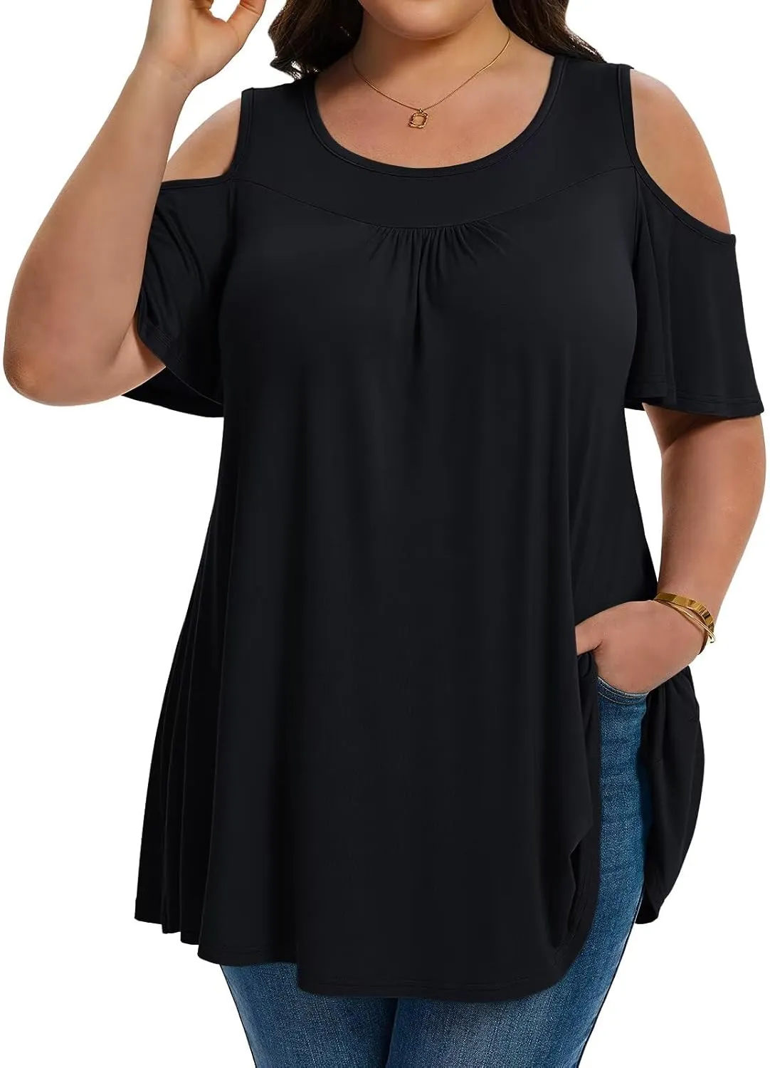 LARACE Plus Size Cold Shoulder Tops for Women Short Sleeve Tunics Shirts Loose Summer Clothes Blouses to Wear with Leggings