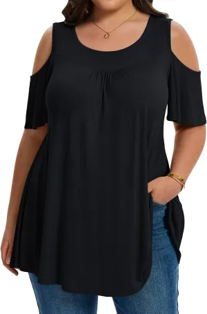LARACE Plus Size Cold Shoulder Tops for Women Short Sleeve Tunics Shirts Loose Summer Clothes Blouses to Wear with Leggings
