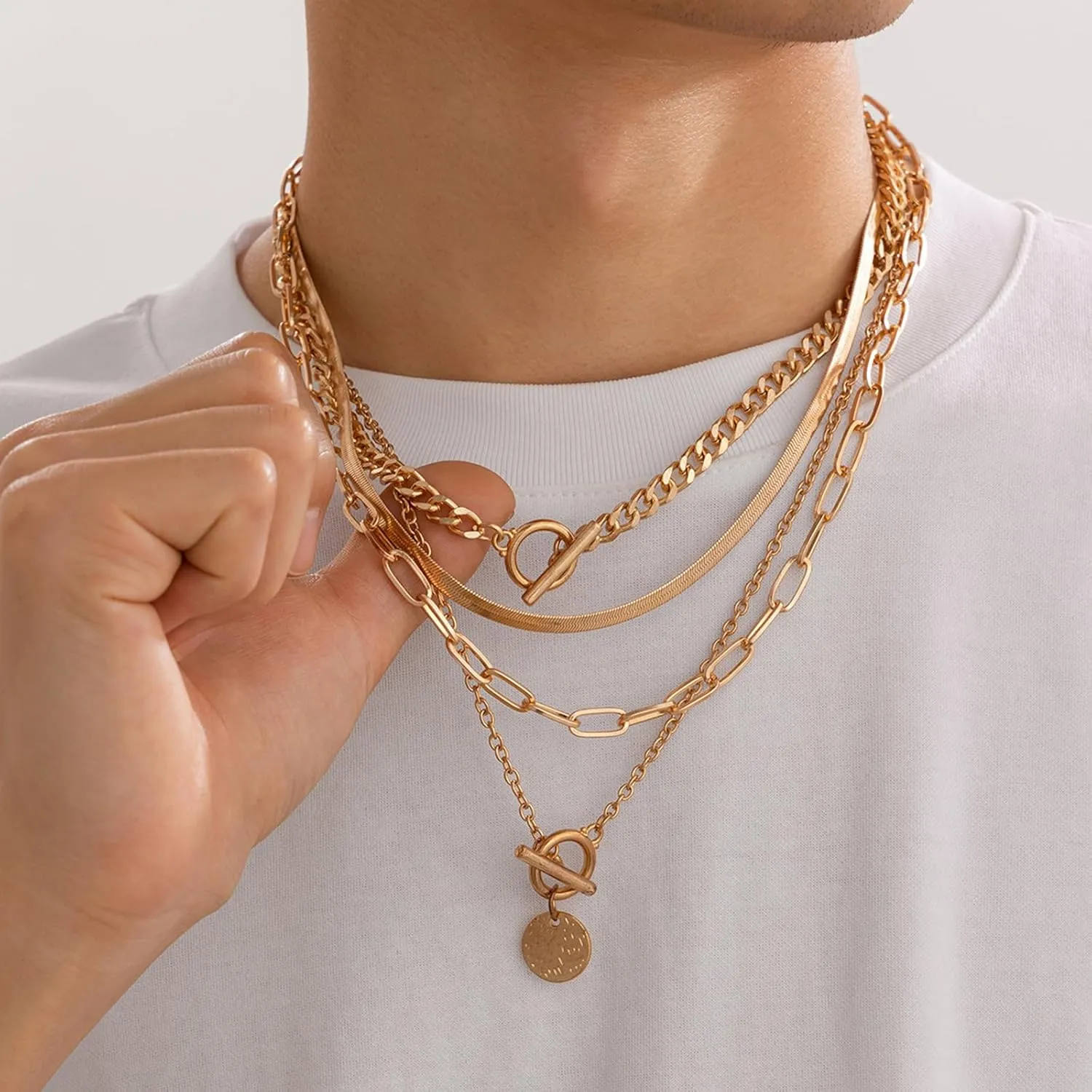 Layered Choker Necklace for Women Heart Pendant Stack Layered Cuban Paperclip Snake Chain Necklaces Trendy Retro Coin Dainty Pendant Gothic Black Necklaces Toggle Clasp Necklace for 4Pcs