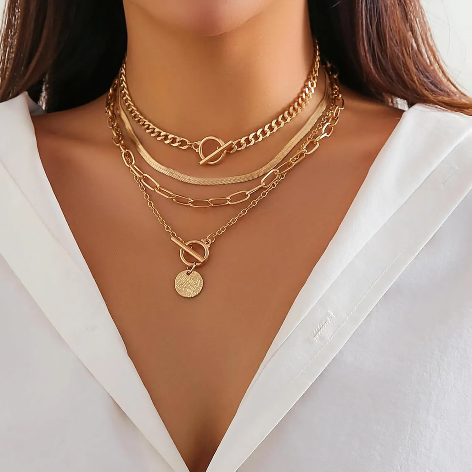 Layered Choker Necklace for Women Heart Pendant Stack Layered Cuban Paperclip Snake Chain Necklaces Trendy Retro Coin Dainty Pendant Gothic Black Necklaces Toggle Clasp Necklace for 4Pcs