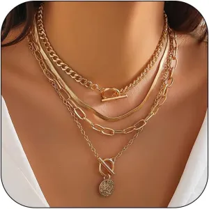 Layered Choker Necklace for Women Heart Pendant Stack Layered Cuban Paperclip Snake Chain Necklaces Trendy Retro Coin Dainty Pendant Gothic Black Necklaces Toggle Clasp Necklace for 4Pcs