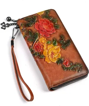 Leather Wallet for Women, Zipper Clutch Wristlet Purse, Hand Painted Rose Floral Pattern