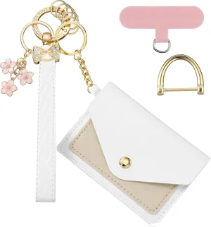 Leather Wristlet Keychain Cute Keychain Holder for Women and Men with 5 Key Ring 1 Anti-lost D Ring Car Key Chain Wallet Bracelet with Bow Flower Accessory