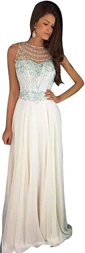 Lemai Sheer Back Beaded Long A Line Chiffon Prom Dresses Evening Formal Gowns