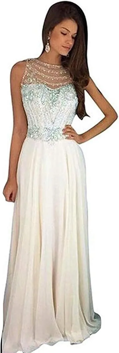 Lemai Sheer Back Beaded Long A Line Chiffon Prom Dresses Evening Formal Gowns