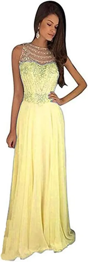 Lemai Sheer Back Beaded Long A Line Chiffon Prom Dresses Evening Formal Gowns