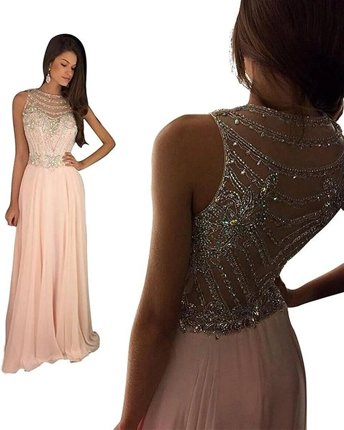 Lemai Sheer Back Beaded Long A Line Chiffon Prom Dresses Evening Formal Gowns